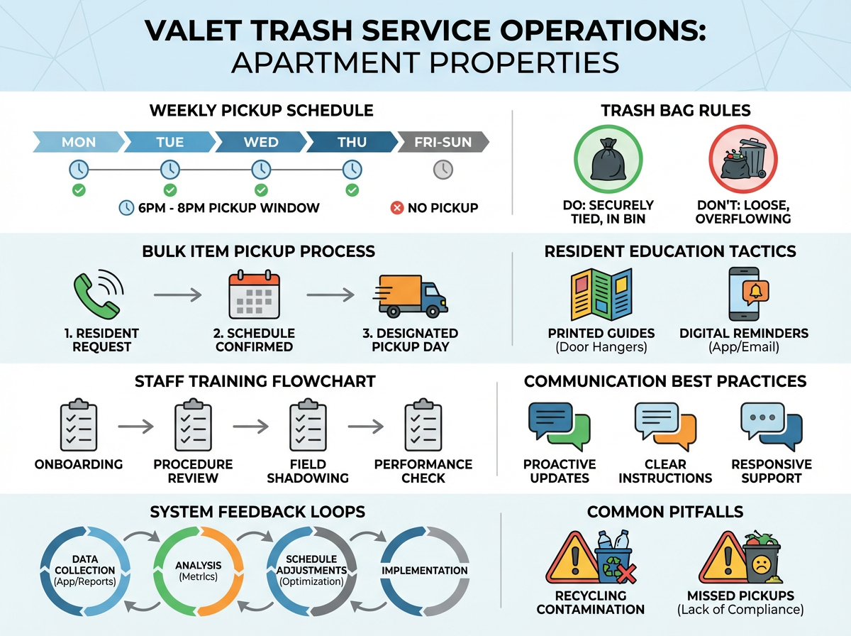 Improving Resident Communication and Staff Training for Smoother Valet Trash Operations in Apartment Communities 4 Valet trash service staff following scheduled pickup procedures at an apartment property