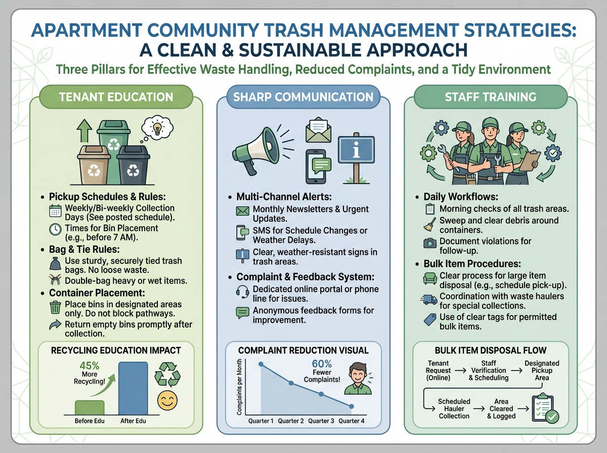 Enhancing Trash Operations in Apartment Communities: Tenant Education, Communication & Staff Training for Fewer Complaints 3 Illustration of clear trash guidelines and tenant education in an apartment community