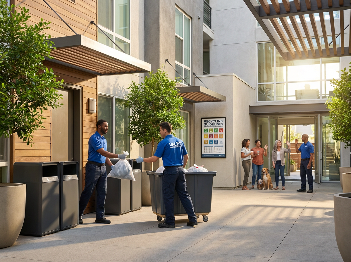 Operational Playbook for Multifamily Communities: Elevating Tenant Communication, Staff Training & Valet Trash Management 4 Property staff managing valet trash operations with clear workflow