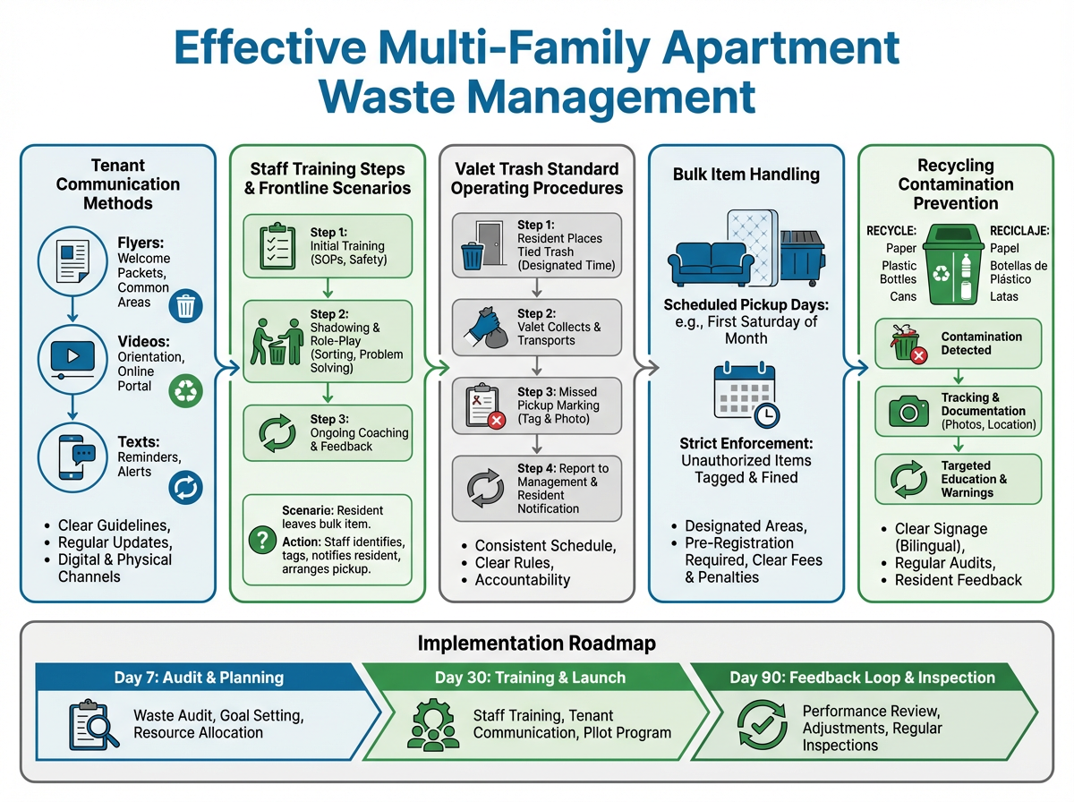 Operational Playbook for Tenant Communication, Staff Training & Workflow Improvements in Multi-Family Apartment Waste Management 4 Multi-family apartment waste management overview with dumpsters and recycling bins
