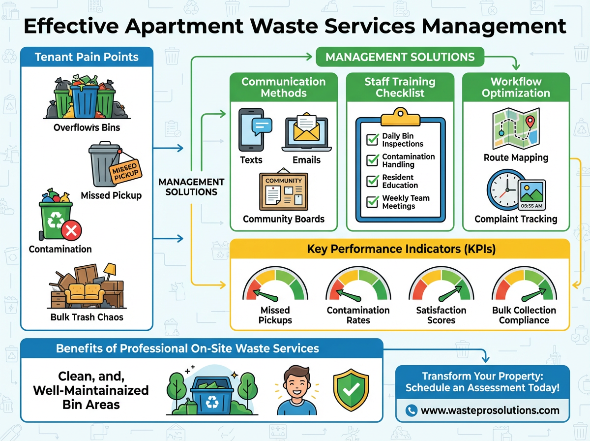 Achieving Operational Excellence in Apartment Waste Services: Tenant Communication, Staff Training & Workflow Improvement 3 Apartment waste bins organized for clean and efficient trash service