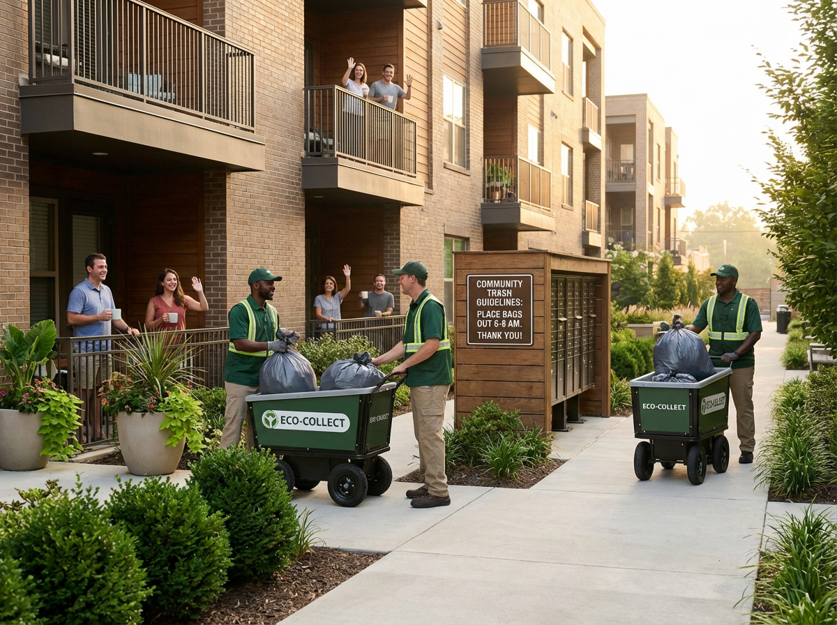 Operational Playbook for Resident Communication, Staff Training, and Workflows to Enhance Valet Trash and Waste Management in Apartment Communities 4 Apartment valet trash team following a structured pickup workflow