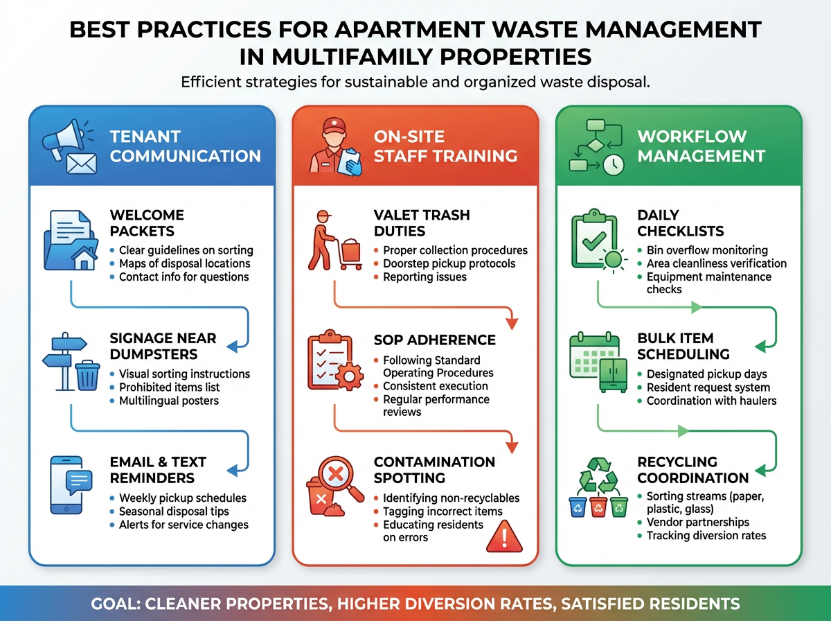 Operational Playbook for Tenant Communication, Staff Training, and Workflows in Apartment Waste Management 3 Apartment tenants using clearly labeled trash and recycling stations