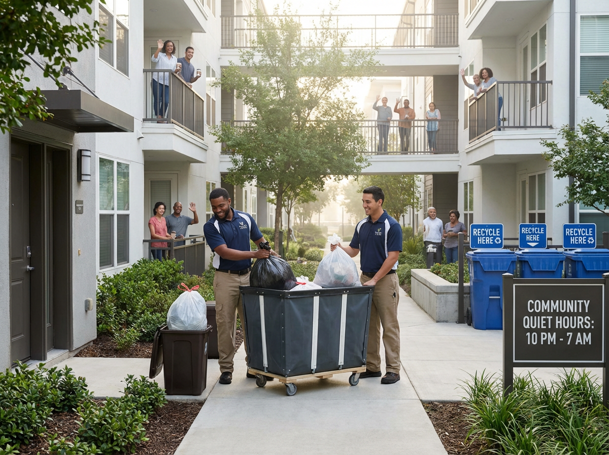 Operational Excellence in Apartment Communities Through Resident Communication, Staff Training, and Waste Management Workflows 4 Property manager reviewing valet trash service routes and performance data