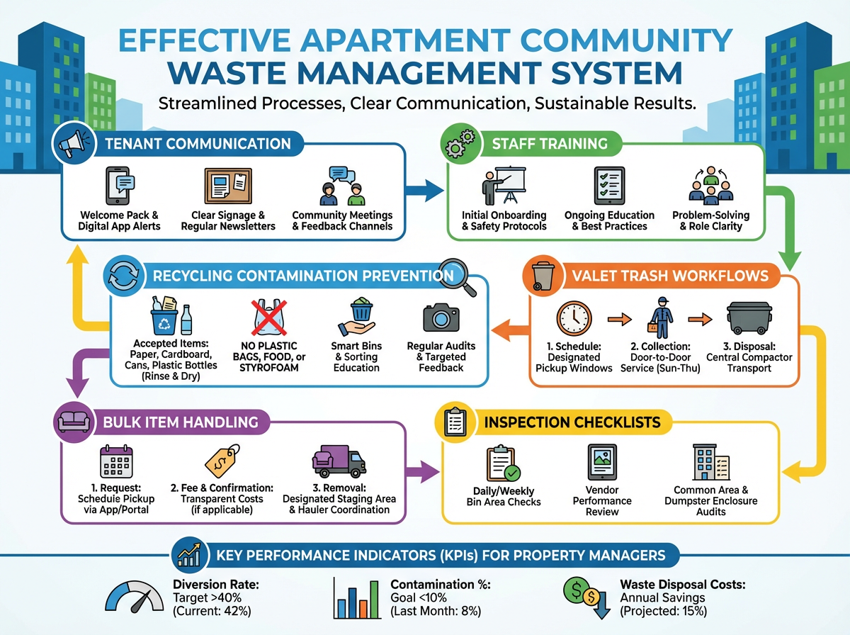 Modern Apartment Community Operations: Tenant Communication, Staff Training & Waste Management Workflows for Property Managers 3 Apartment community dumpsters with organized waste and recycling bins