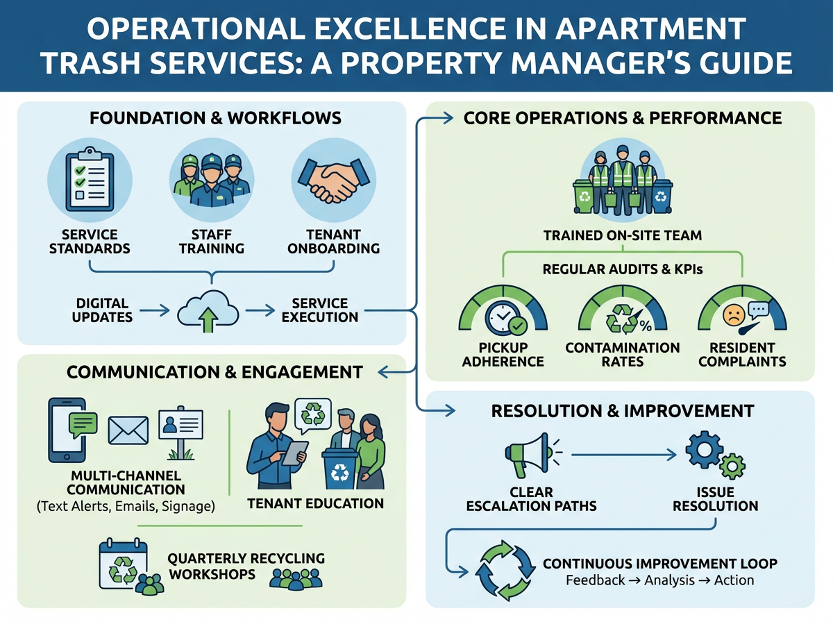 Operational Excellence in Apartment Communities: Tenant Education, Communication & Reliable Trash Services for Enhanced Resident Experience 3 Clean and well-organized apartment trash enclosure representing operational excellence