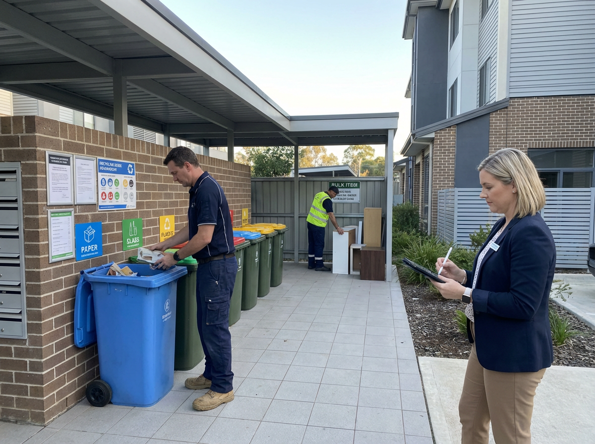 Resident Communication and Staff Training for Better Trash Operations in Apartment Communities: Practical Steps and Tools for Property Managers 4 Recycling bins with labels to reduce contamination in an apartment community