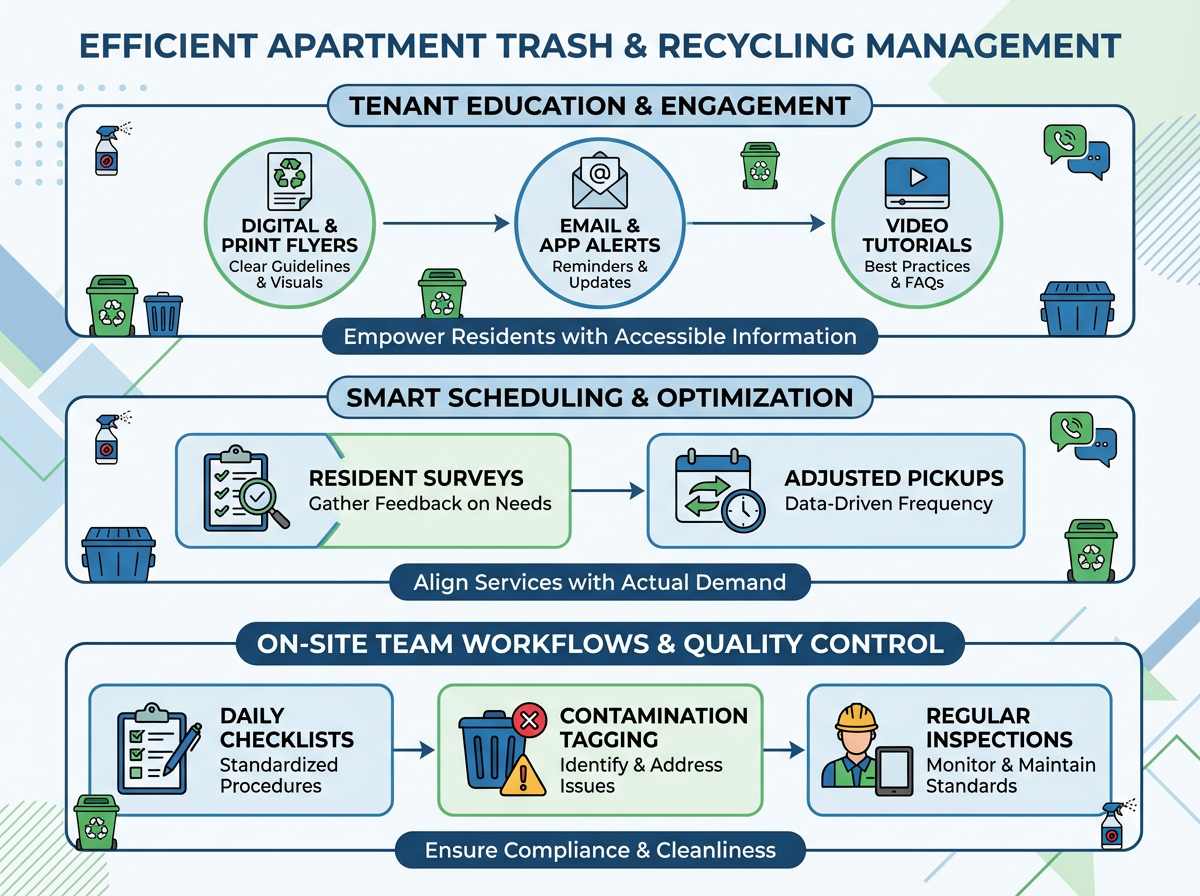Modern Apartment Community Operations: Tenant Education, Communication & Building Reliable Service Teams for Efficient Trash and Recycling Workflows 3 Clean and organized apartment community trash and recycling area