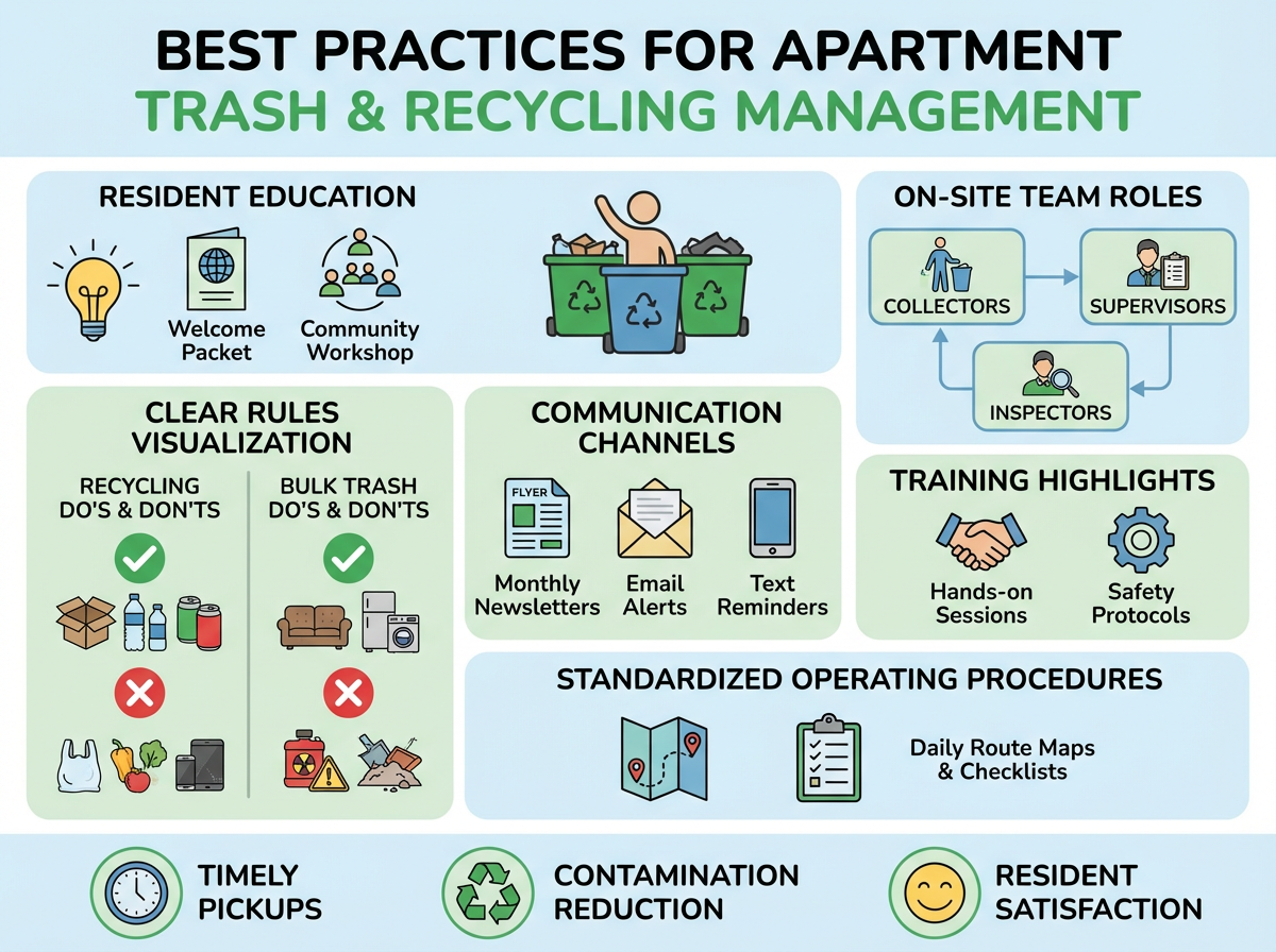 Operational Playbook for Apartment Communities: Enhancing Resident Education, Communication & On-Site Training to Boost Trash and Recycling Performance 3 Apartment community trash and recycling area being managed efficiently