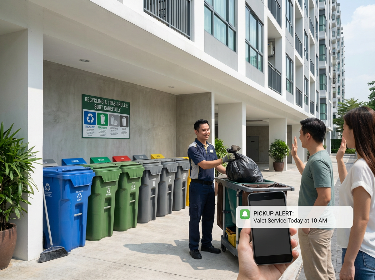 Improving Resident Communication and On-Site Operations for Apartment Trash and Valet Waste Services: A Practical Guide for Property Managers 5 Apartment trash and recycling area organized with clear signage and bins