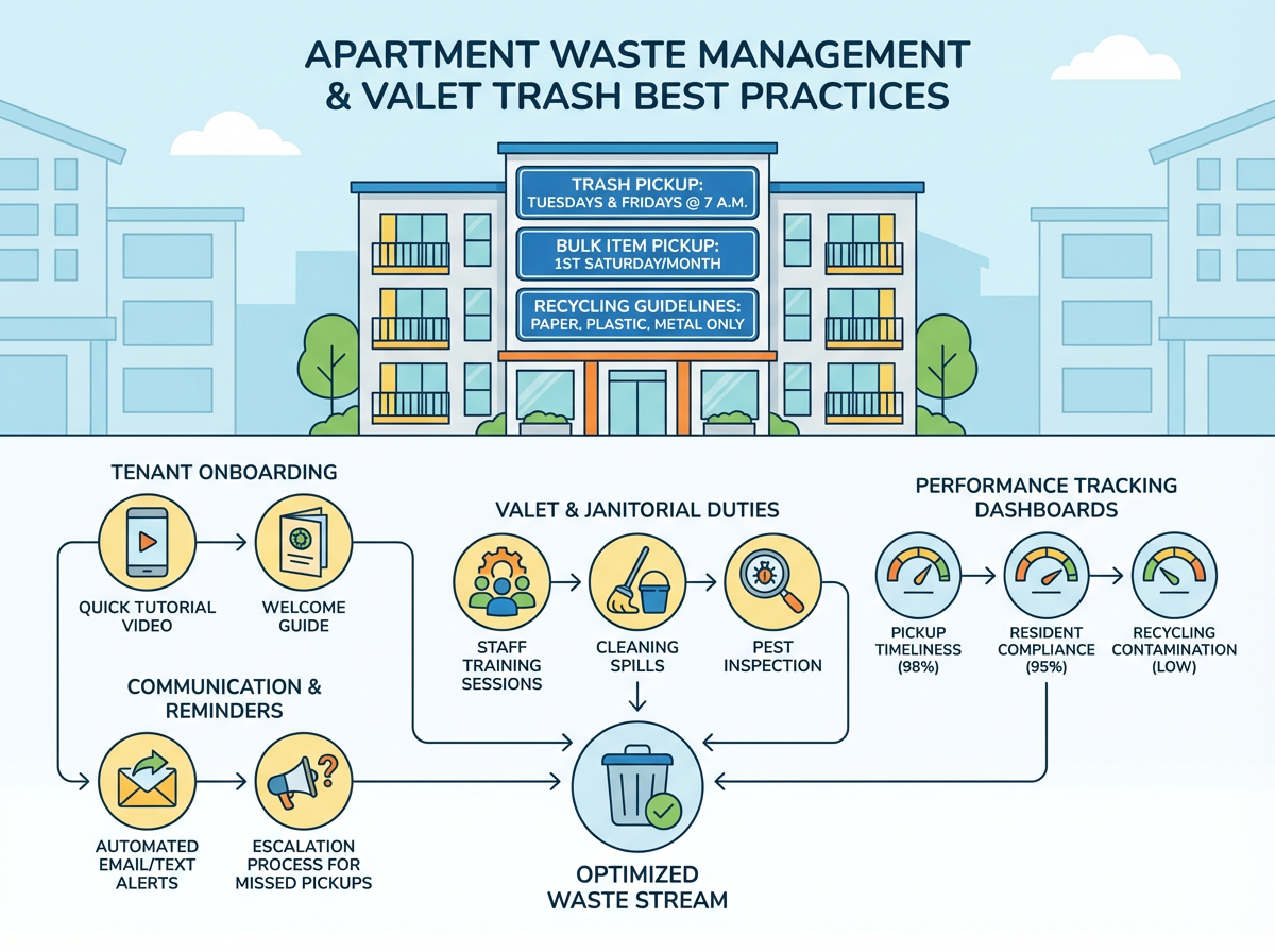 Operational Training and Resident Communication Strategies to Boost Waste Management and Valet Trash Performance in Apartment Communities 3 Apartment community valet trash bins organized for resident use