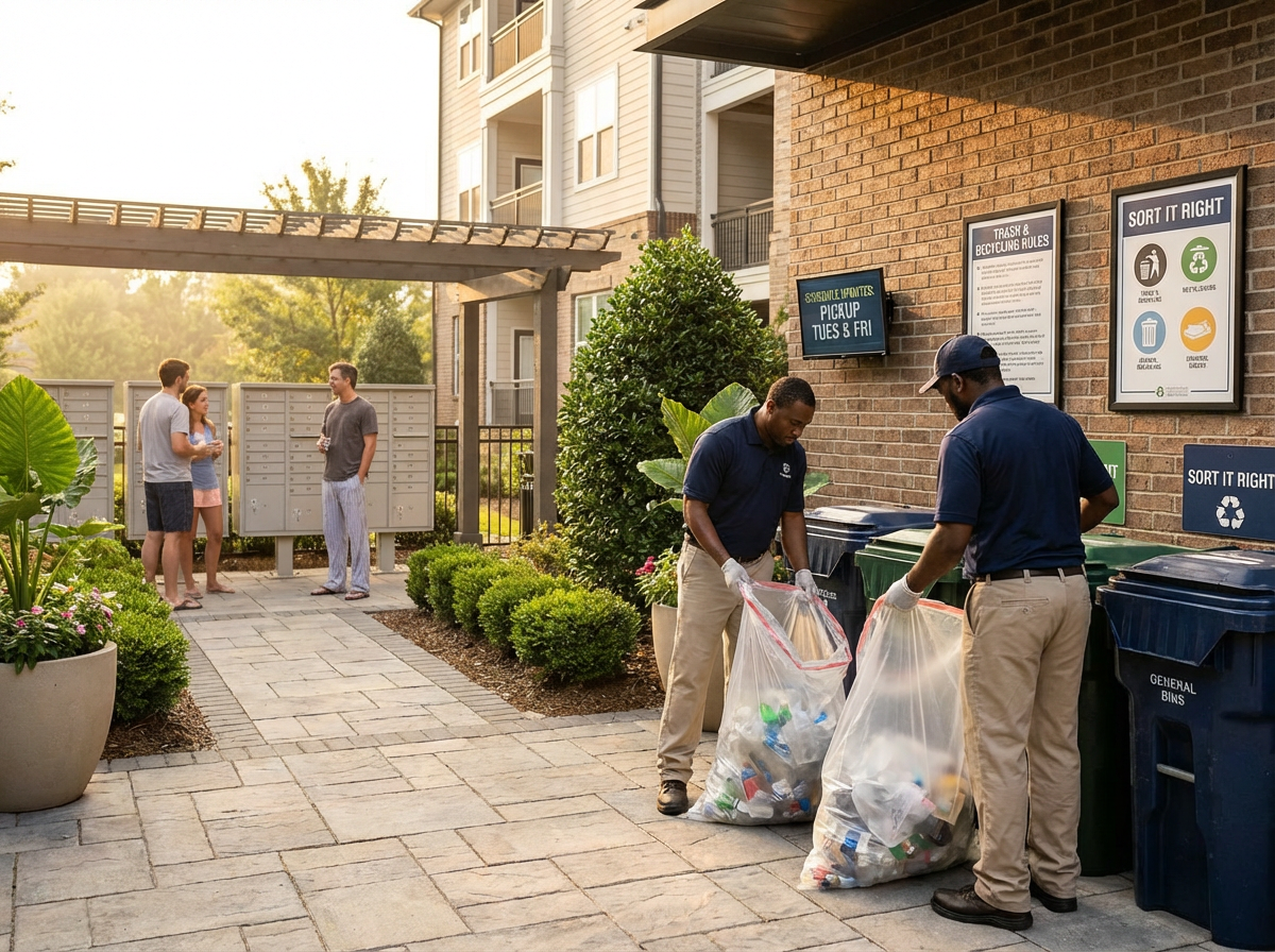 Improving Resident Communication and Staff Training for Cleaner, Compliant Trash Operations in Apartment Communities 4 Maintenance staff following a trash operations checklist at an apartment complex
