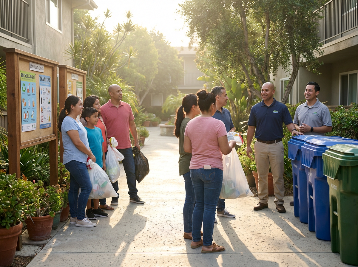 Operational Playbook for Tenant Communication and Staff Training to Improve Waste Management in Apartment Communities 4 On-site waste management team coordinating trash collection at a multifamily community