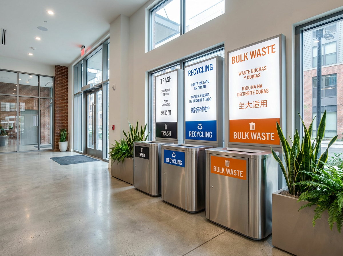 Operational Playbook for Tenant Communication, Staff Training, and Workflows to Enhance Waste Management and Resident Experience in Apartment Communities 3 Apartment community waste stations with clear tenant communication materials